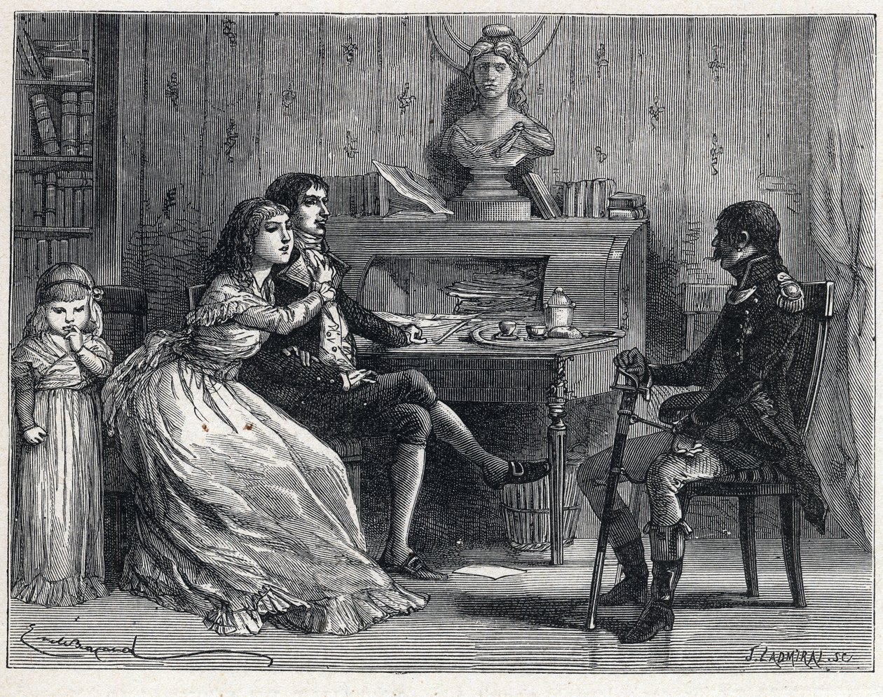 Il Terrore durante la Rivoluzione Francese: Camille Desmoulins (1760-1794), imprigionato, riceve la visita della moglie Lucile (1770-1794) e del maresciallo Guillaume Brune (1763-1815) da French School