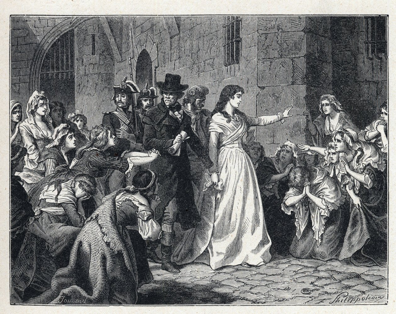 La Terreur durante la Rivoluzione francese: Madame Jeanne Marie Roland de la Platiere (1754-1793) lascia la prigione della Conciergerie per andare davanti al Tribunale Rivoluzionario nel 1793. I suoi codetenuti si inginocchiano al suo passaggio. da French School