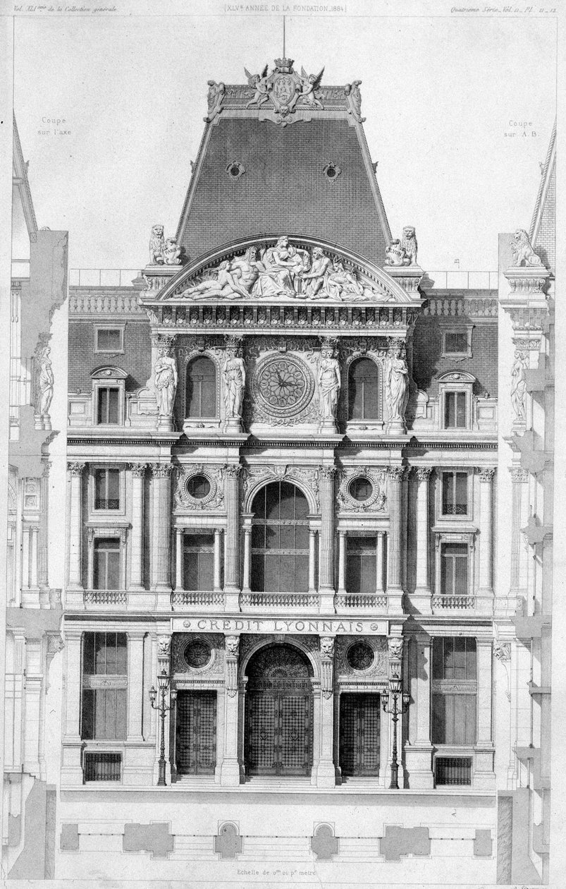 La facciata del Crédit Lyonnais, bd des Italiens - incisione, XX secolo da French School