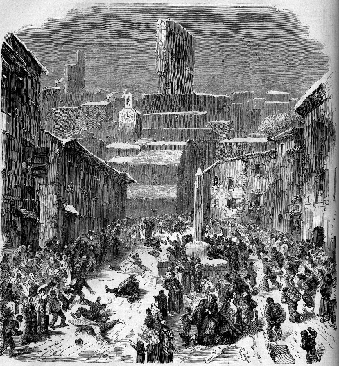 La glissade en barriots a Bourdeaux, Drome (26), inverno 1860. Incisione in "Le Monde Illustré" n.149 del 18 febbraio 1860 da French School