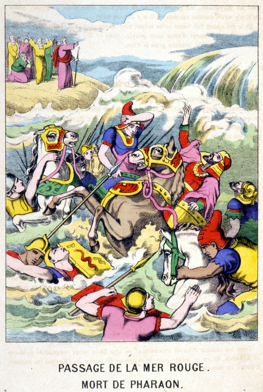 La morte del Faraone al passaggio del Mar Rosso - in "Vita di Mosè", ed. Olivier Pinot, Epinal, fine XIX secolo da French School