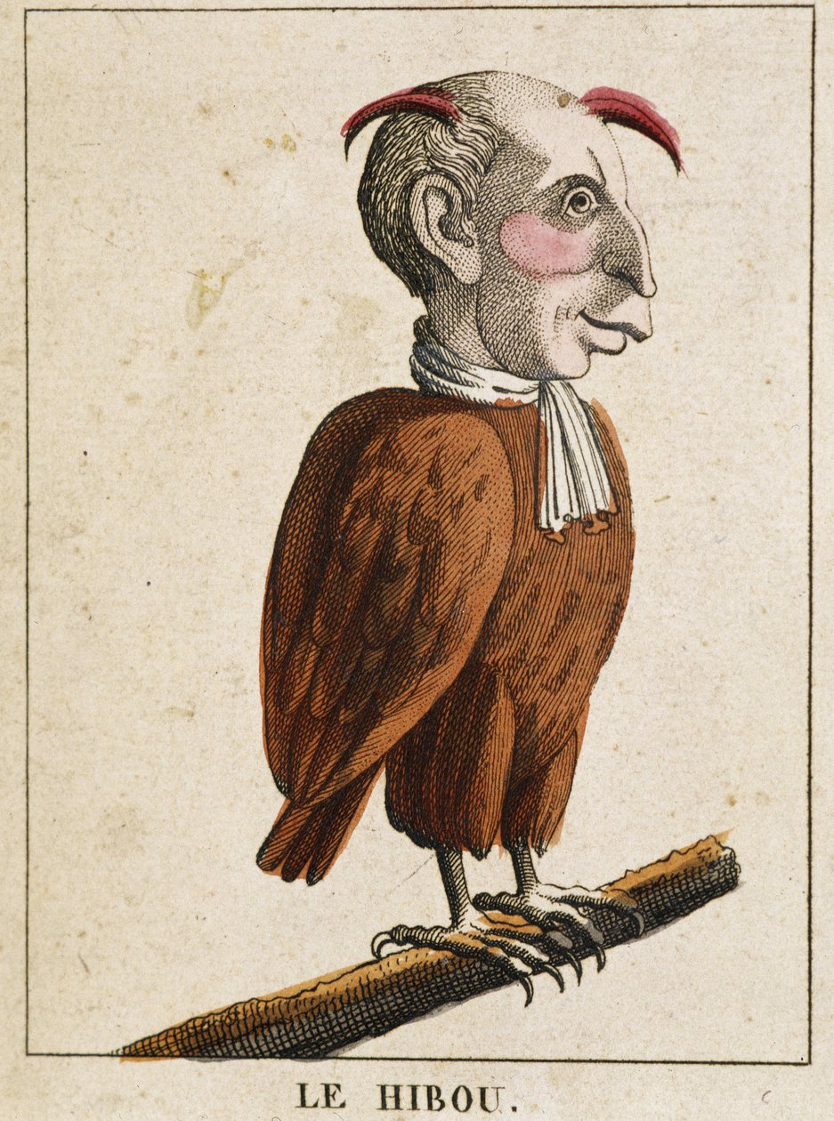 Il gufo in caricatura, studio del carattere “carattere volatile” sd. XIX secolo, immaginario popolare. da French School