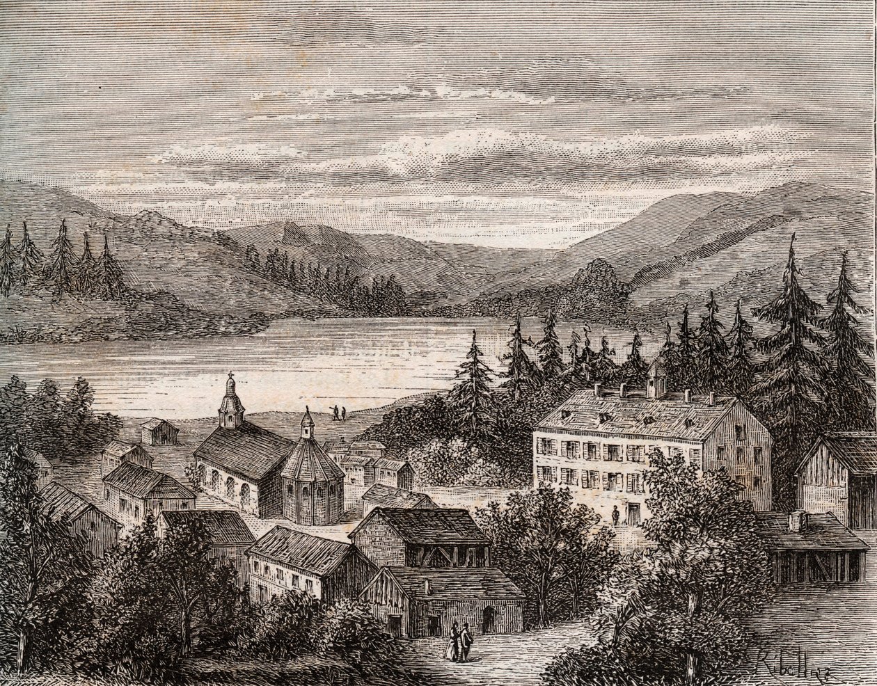 Lago di Gerardmer - Alsazia Champagne Ardenne Lorena - incisione in “La France illustrée: geografia, storia, amministrazione statistica” di V.A. Malt-Brown. 1884 da French School