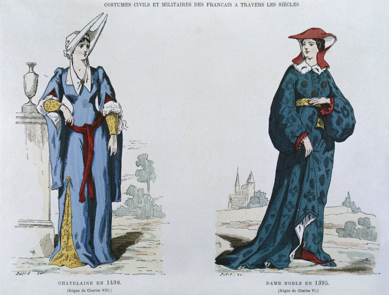 Dama nel 1498 sotto il regno di Carlo VIII (1470-98), nobile nel 1395 sotto il regno di Carlo VI (1380-1422), da Costumes civils et militaires des francais a travers les siecles da French School