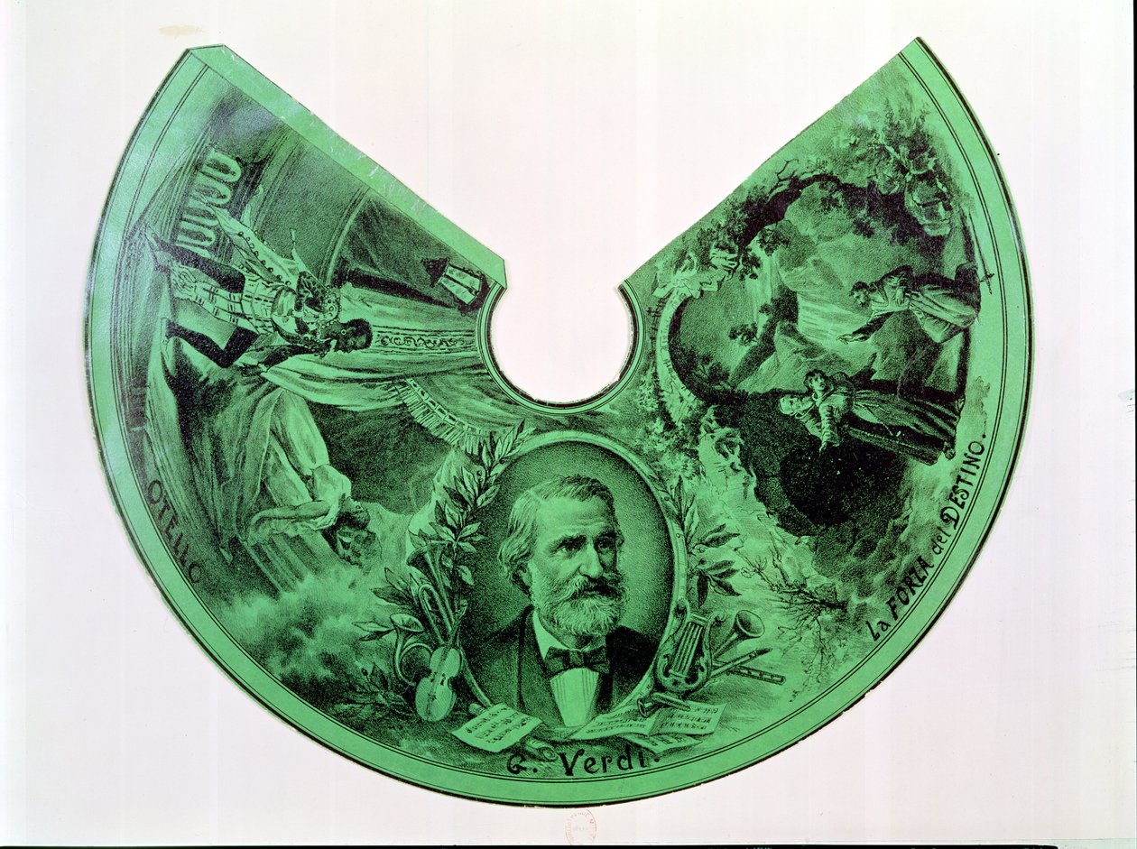 Paralume decorato con un ritratto di Giuseppe Verdi (1813-1901) e scene da Otello e La forza del destino (incisione su carta) da French School
