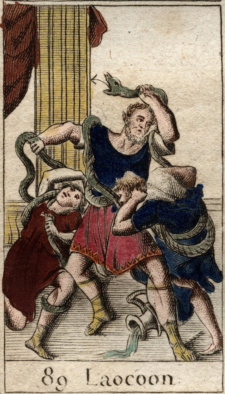 Laocoonte Minerva che sostiene i Greci invia i serpenti marini ad attaccare Laocoonte che avverte gli abitanti di Troia contro il cavallo. I serpenti si gettarono sui suoi due figli e li uccisero, poi attaccarono Laocoonte. Da 