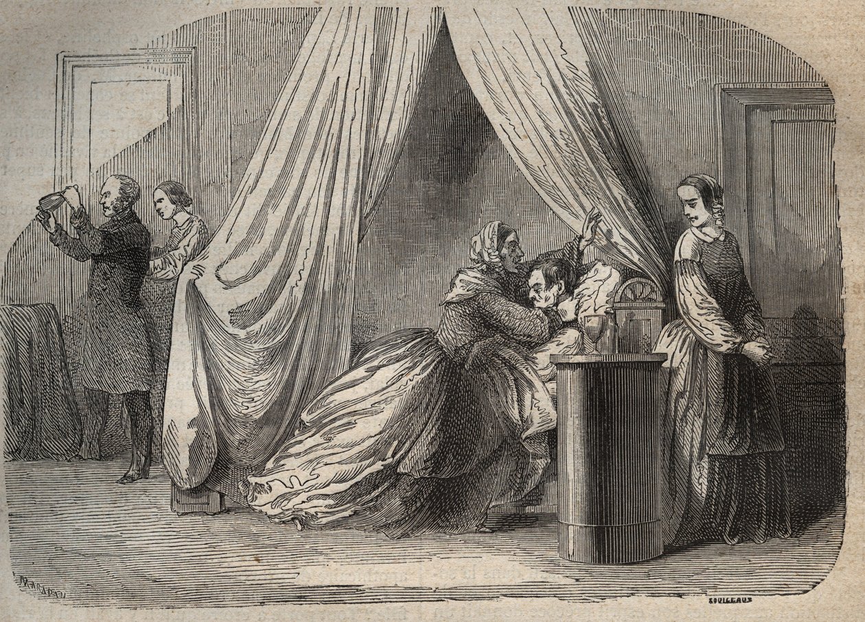 Ultimi momenti di Charles Lafarge (1811-1840), marito di Marie Fortunée Capelle, Marie Lafarge (Madame) (1816-1852) criminale francese - Incisione in "Cause celebri di tutti i popoli" di Armand Fouquier (1817-18?) 1858-1867 - collezione privata da French School
