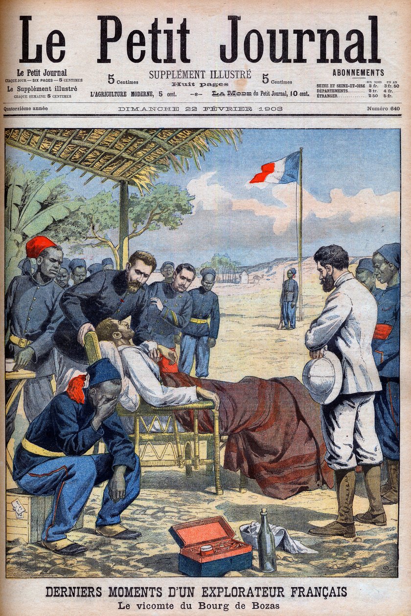 Ultimi momenti di un esploratore francese Visconte Pierre Marie Robert Du Bourg de Bozas (1871-1903) nel Bourg de Boza in Africa tropicale 
