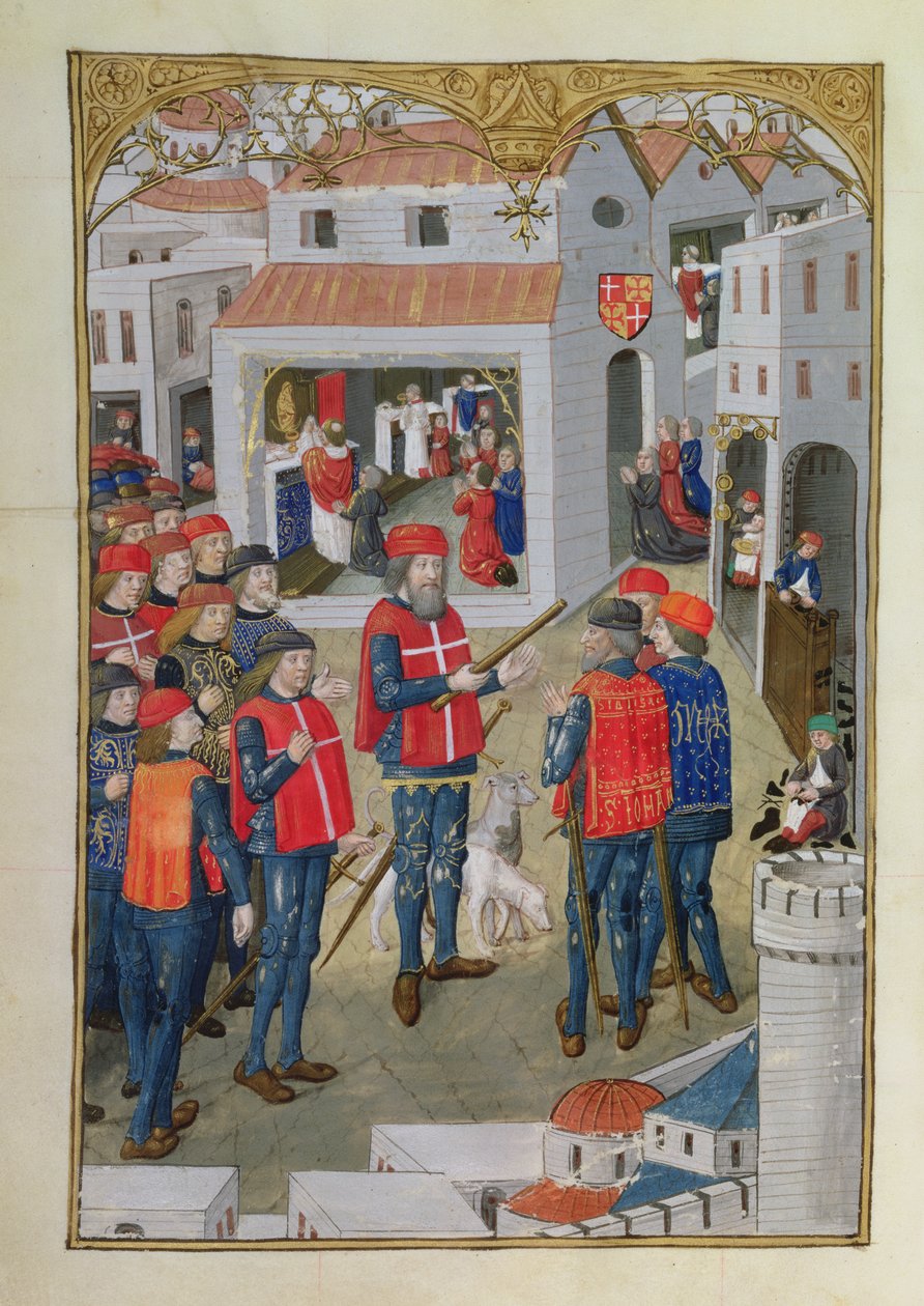 Lat 6067 fol.33v I Cavalieri di San Giovanni di Gerusalemme si preparano a difendere Rodi, da Una storia dell