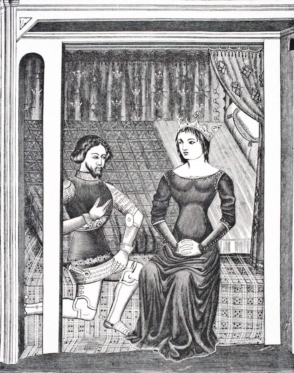 Lancillotto e Ginevra, da una miniatura di un manoscritto del XIV secolo, da Scienza e Letteratura nel Medioevo di Paul Lacroix, pub. Londra 1878 da French School