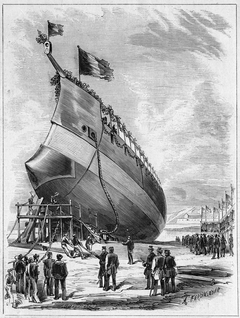 Varo della nave corazzata "La Galissonniere", 7 maggio 1872 nel porto di Brest, Finistère (29). Incisione in "Le Monde Illustré" n. 789 del 25 maggio 1872 da French School