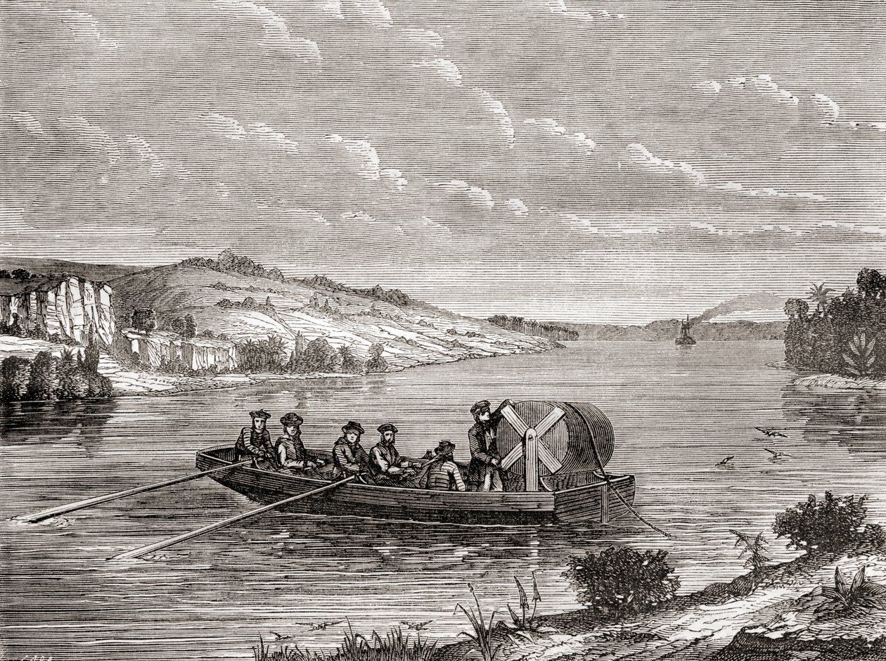 Posa di un cavo telegrafico sotto un fiume americano c.1860, da Les Merveilles de la Science, pubblicato c.1870 da French School