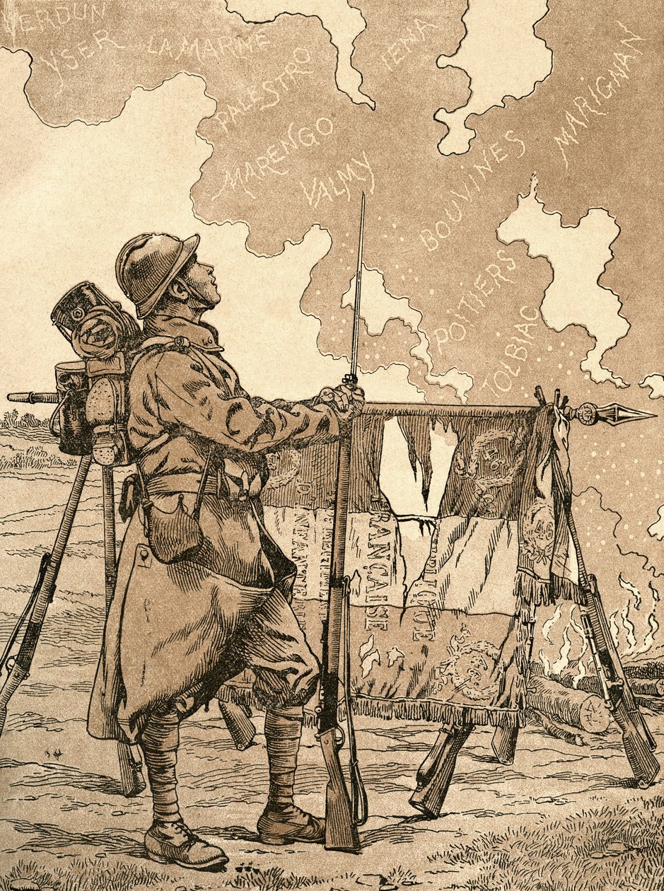 Le Bleuet. Simbolo di memoria e solidarietà in Francia, per i veterani e le vittime della prima guerra mondiale. Illustrazione di propaganda francese della prima guerra mondiale che evoca le vittorie francesi attraverso i secoli. Da Agenda Buvard du Bon Ma da French School
