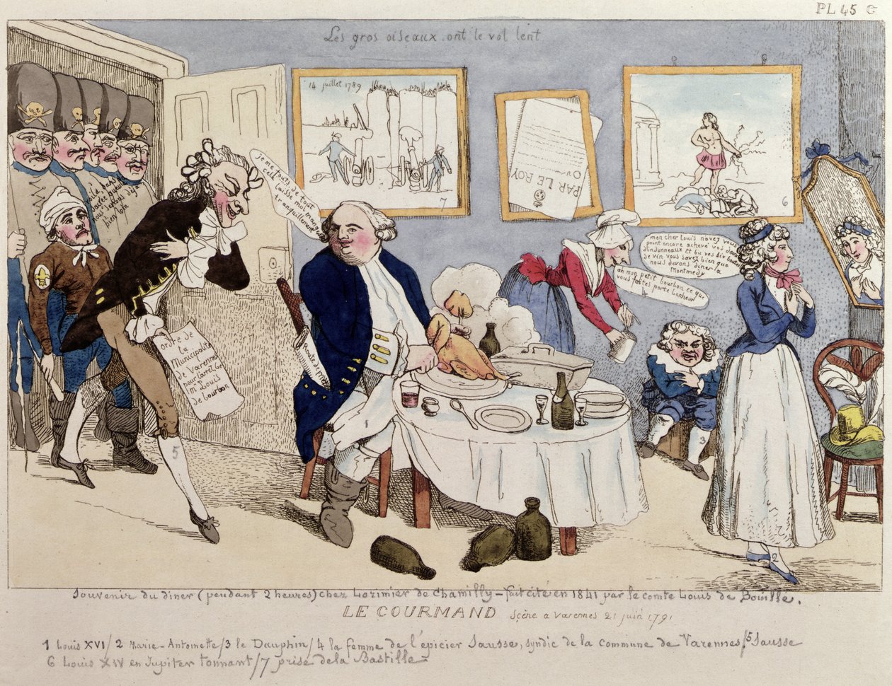 Le Gourmand, caricatura di Luigi XVI (1754-93) e della famiglia reale francese al momento del loro arresto a Varennes il 21 giugno 1791 da French School