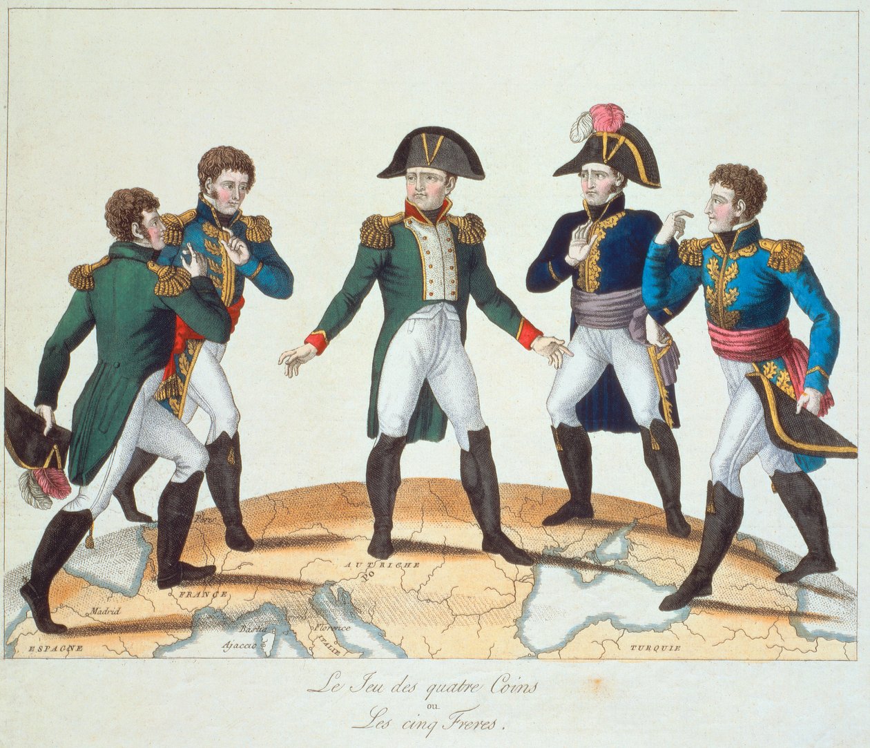 Le Jeu des Quatre Coins ou Les Cinq Freres, caricatura bonapartista che raffigura Napoleone e i suoi fratelli, 1808 da French School