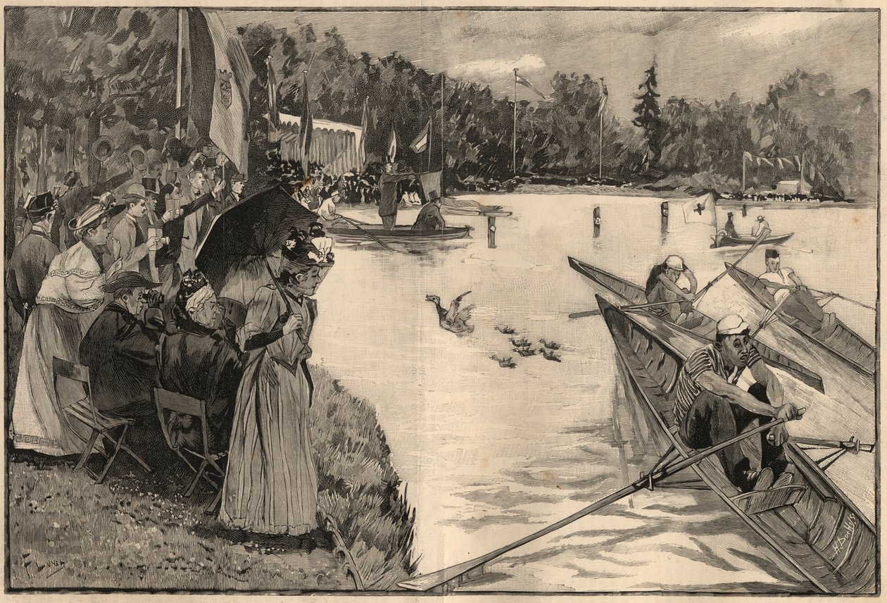 Le Lendit de Paris: regate scolastiche al grande lago del Bois de Boulogne - Incisione del 1894 dopo il disegno di Mr Lunel da French School