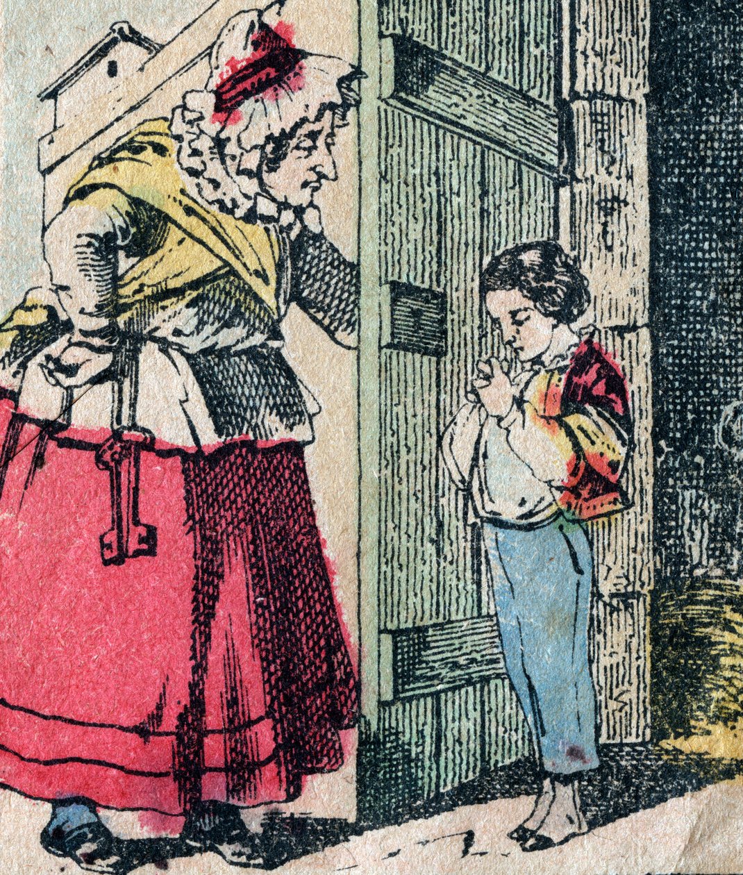 Le Pere Fouettard, personaggio francese del padre frustatore, figura leggendaria del folklore che punisce i bambini cattivi: sua moglie, La Mere Fouettard la madre frustatrice, che consegna i bambini pentiti - Immagine di Epinal da French School