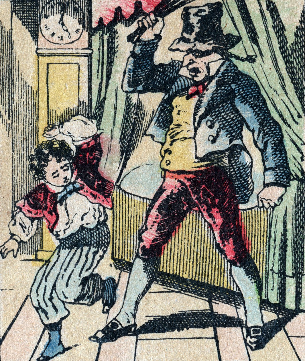Le Père Fouettard, personaggio leggendario del folklore, che punisce i bambini disobbedienti con la sua frusta, e rinchiude i bambini disobbedienti, immagine di Epinal da French School
