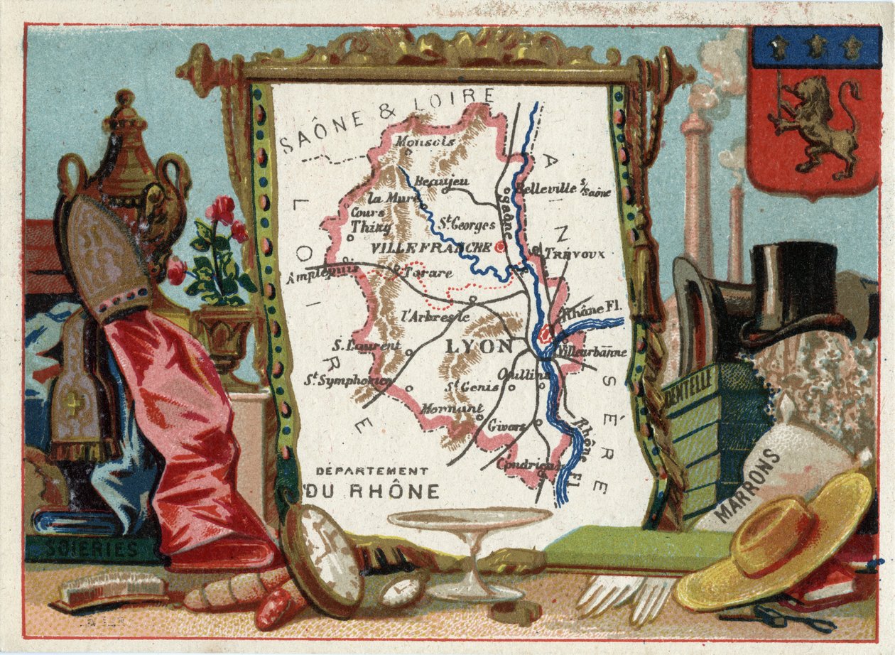 Le Rhone (69), Rhone Alpes, Francia. Specialità locale: seta, marrone, pizzo. Serie sui dipartimenti francesi. Cromolitografia, circa 1920. Collezione privata. da French School