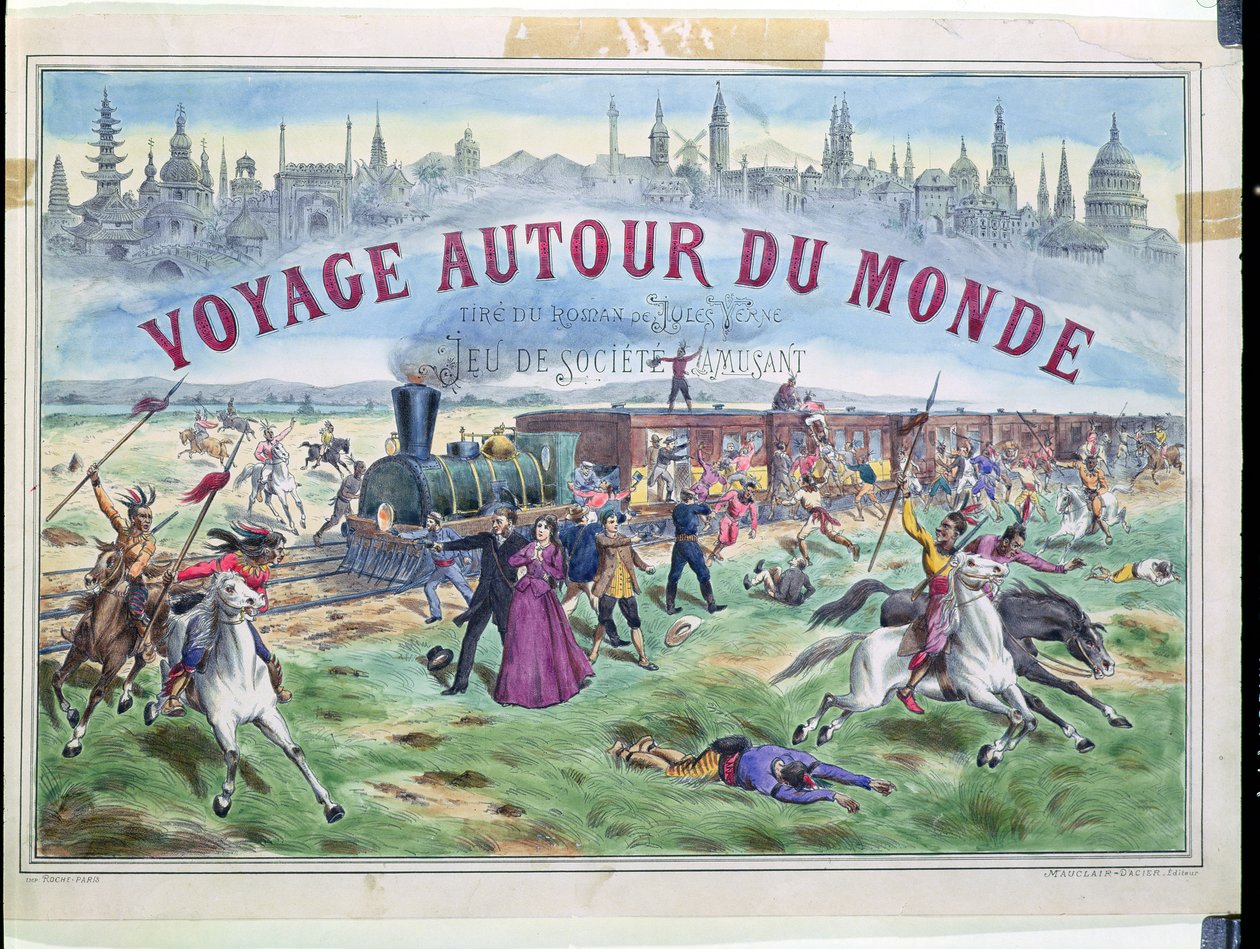 Le Voyage Autour du Monde, copertina di una scatola per un gioco basato su Il Giro del Mondo in 80 Giorni di Jules Verne (1828-1905) da French School
