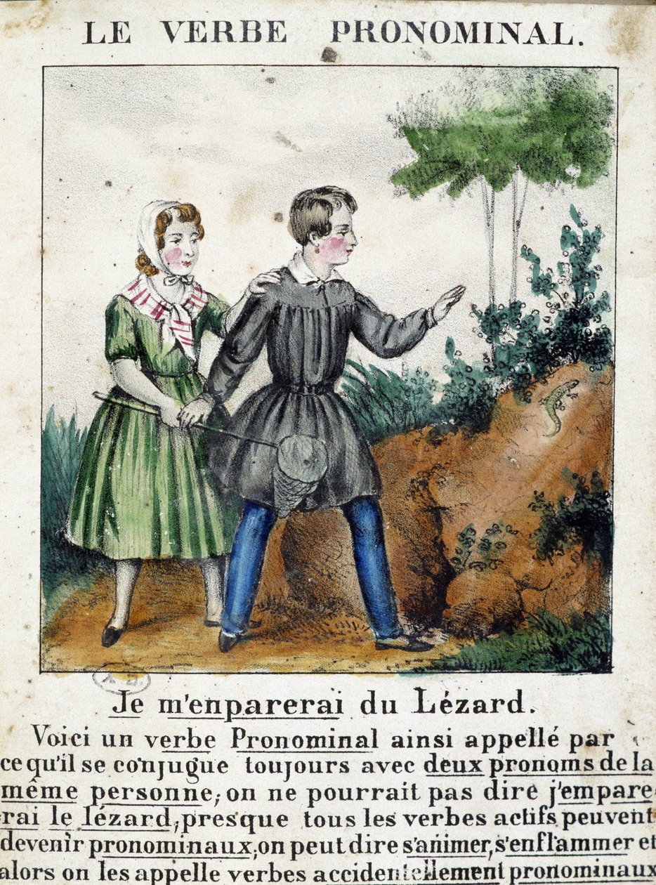 Lezione sui verbi pronominali. In "La grammaire en images", album di fogli, circa 1850 da French School