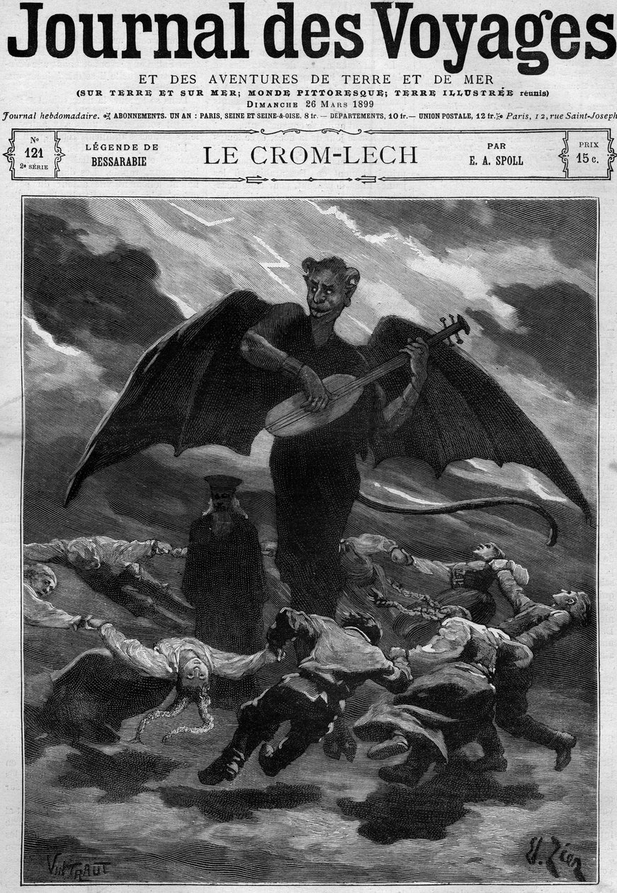Leggenda della Bessarabia (Europa orientale): Crom Lech (Crom-Lech). Satana, suonando la balalaika, trascina i ballerini in un girotondo senza fine. Incisione in 