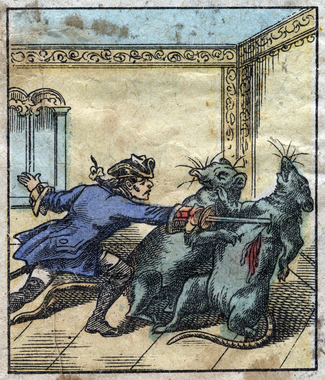 Lemuel Gulliver combatte i topi nella terra dei giganti di Brobdingnag. Illustrazione per "I viaggi di Gulliver" di Jonathan Swift (1667-1745). Immagine di Epinal della fine del XIX secolo da French School