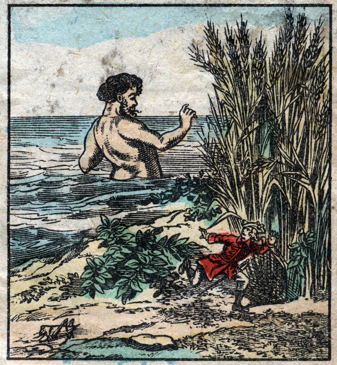 Lemuel Gulliver si nasconde da un gigante a Brobdingnag. Illustrazione per "I viaggi di Gulliver" di Jonathan Swift (1667-1745). Immagine di Epinal fine XIX secolo. da French School