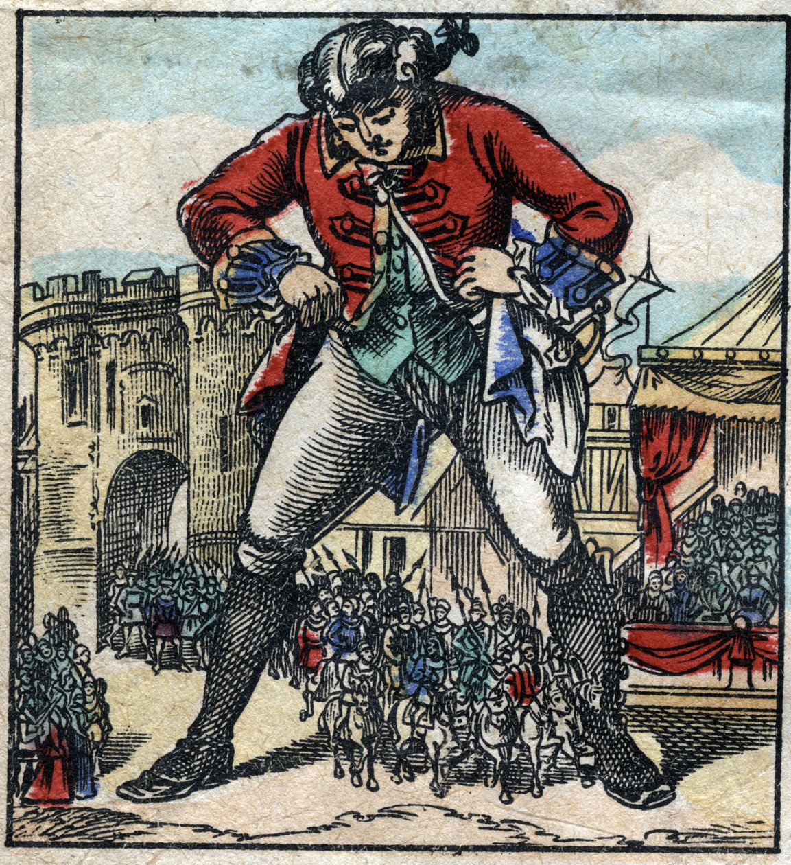 Lemuel Gulliver nel paese dei Lillipuziani. Illustrazione per "I viaggi di Gulliver" di Jonathan Swift (1667-1745). Immagine di Epinal fine XIX secolo. da French School