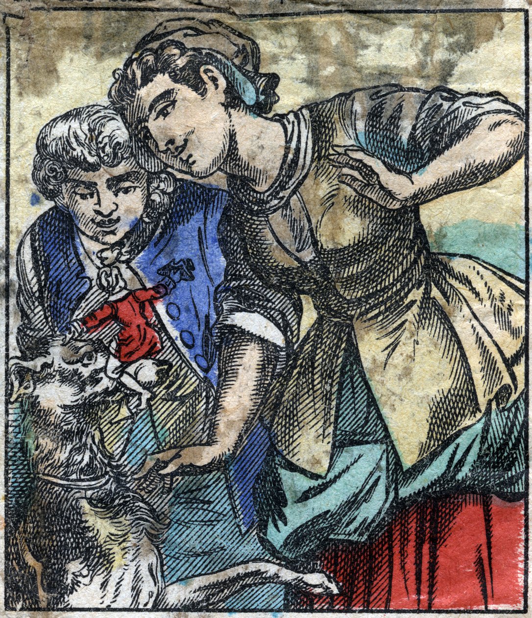 Lemuel Gulliver nella terra dei giganti di Brobdingnag. Illustrazione per "I viaggi di Gulliver" di Jonathan Swift (1667-1745). Immagine di Epinal della fine del XIX secolo da French School