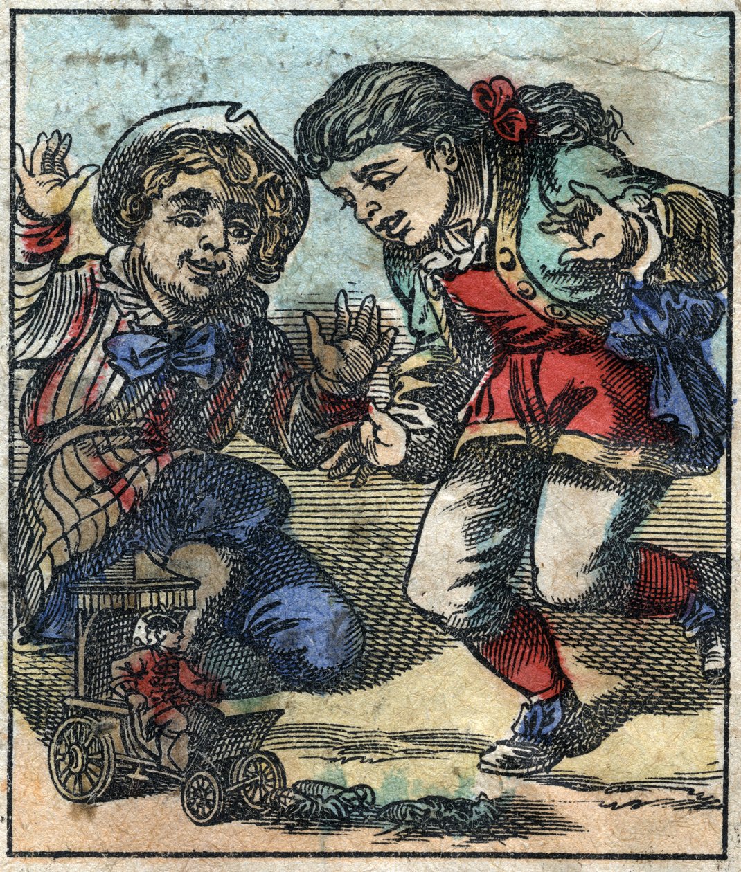 Lemuel Gulliver usato come giocattolo dai bambini giganti di Brobdingnag. Illustrazione per "I viaggi di Gulliver" di Jonathan Swift (1667-1745). Immagine di Epinal fine XIX secolo da French School