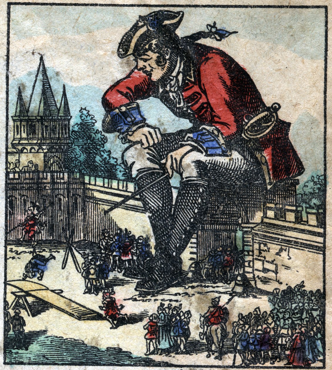 Lemuel Gulliver seduto sul muro di fortificazione della città spiega la strategia all