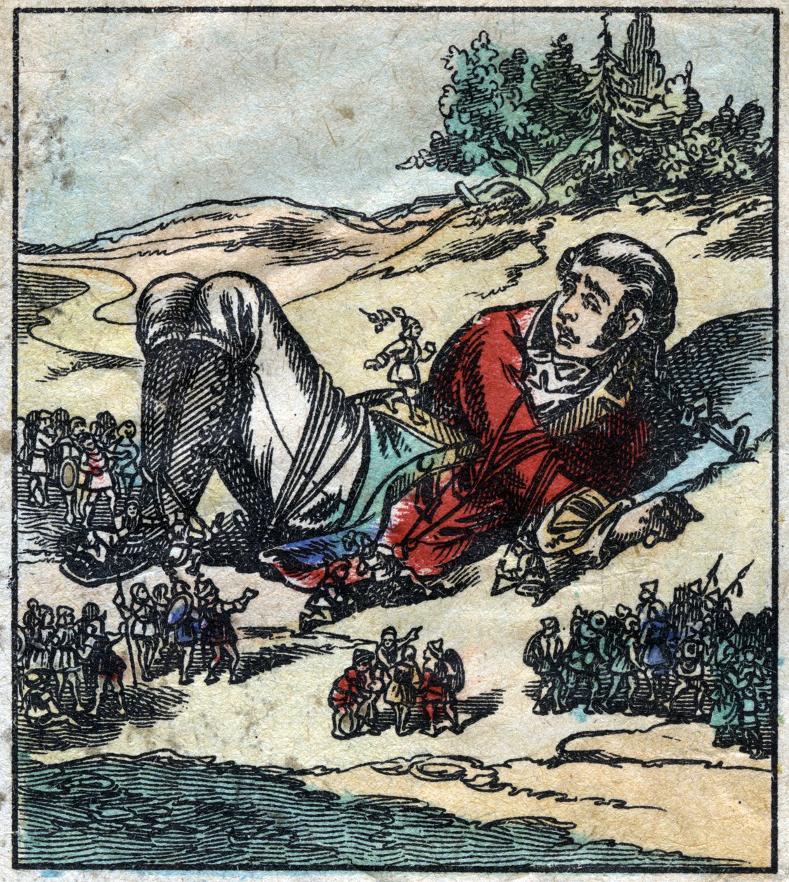 Lemuel Gulliver si sveglia dopo il naufragio e viene fatto prigioniero dai Lillipuziani. Illustrazione per "I viaggi di Gulliver" di Jonathan Swift (1667-1745). Immagine di Epinal fine XIX secolo. da French School