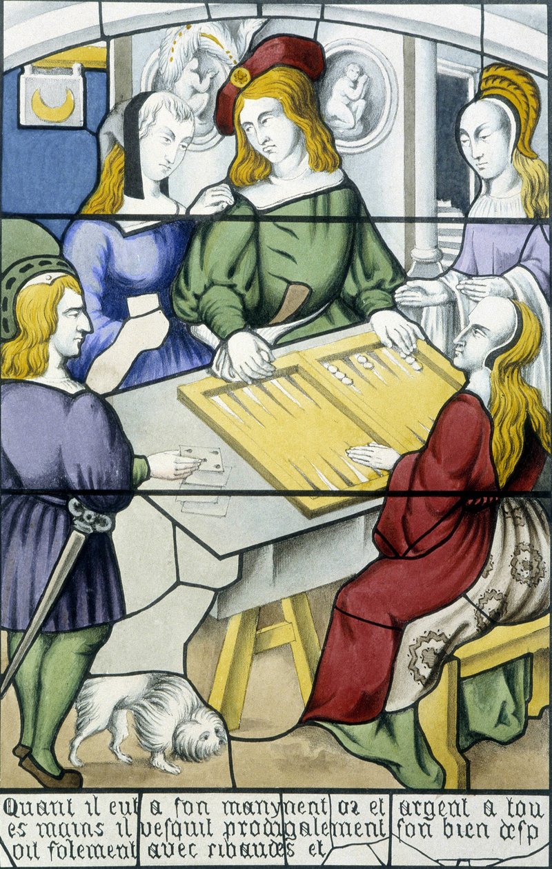 Il figlio prodigo: Il gioco del tric trac nel medioevo in "Histoire de la peinture sur verre" di Ferdinand de Lasteyrie, ed. Parigi 1853 da French School