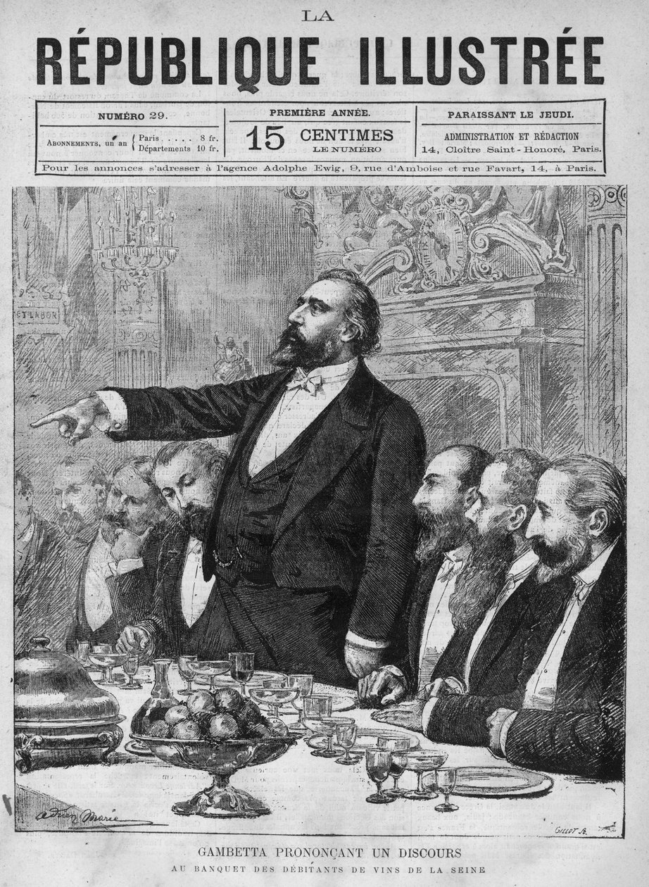 Léon Gambetta (1838-1882) che tiene un discorso al banchetto dei venditori di vino della Senna. Un giornale. Incisione del 1880 in "La république illustrée" collezione privata da French School