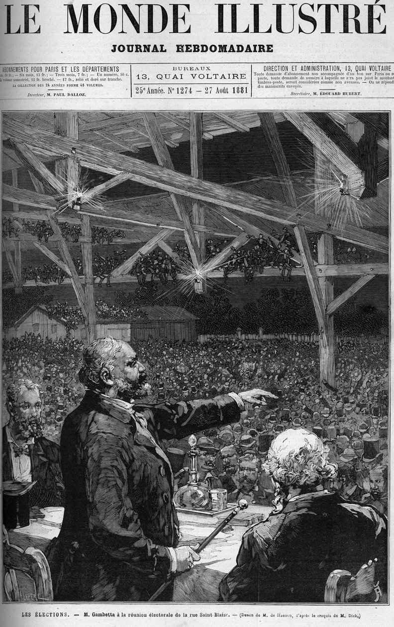 Leon Gambetta alla riunione elettorale di rue Saint Blaise a Belville a Parigi invitato dal comitato radicale del 20° arrondissement. Copertina di "Il Mondo Illustrato" del 27 agosto da French School
