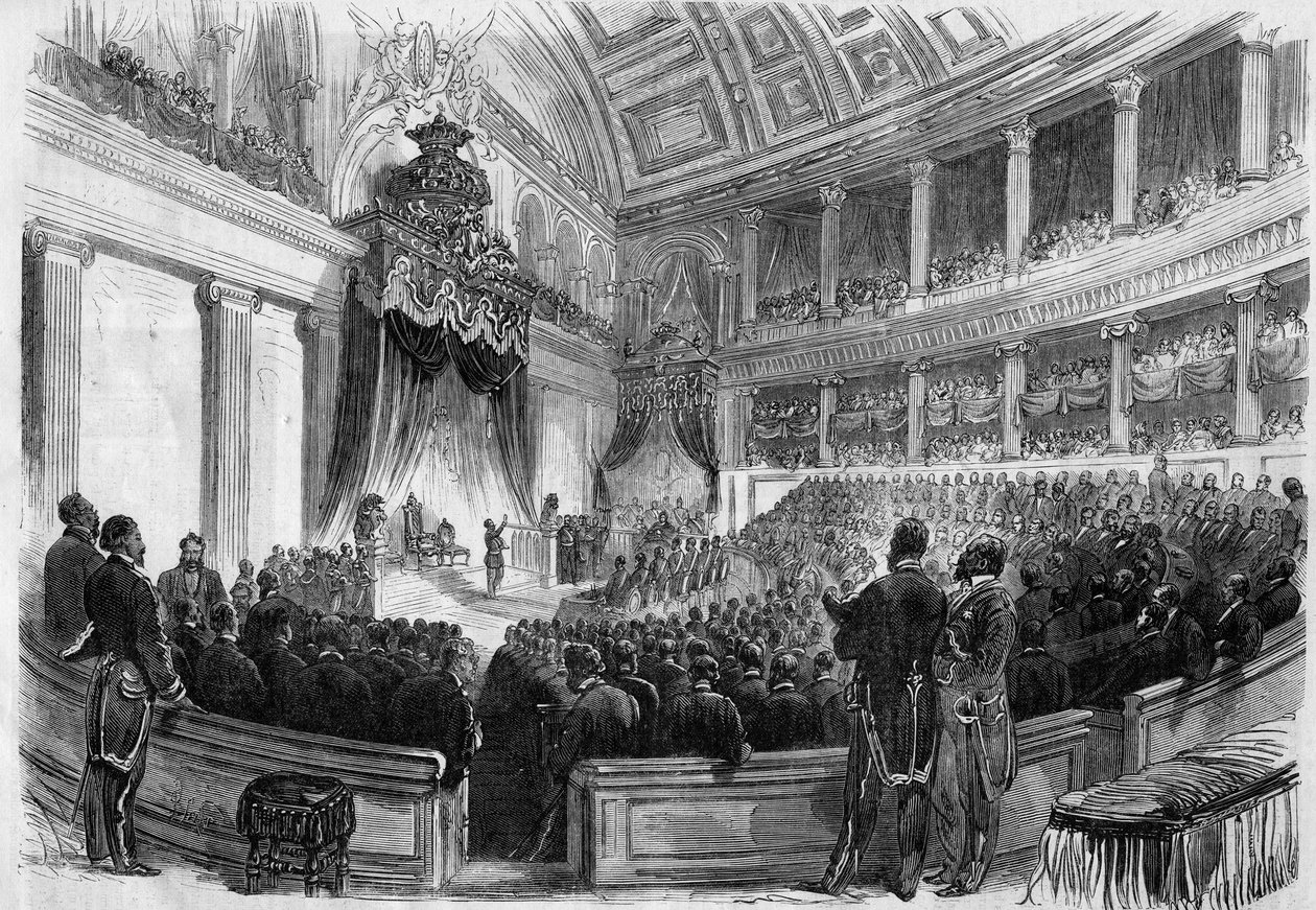 Leopoldo II (1835-1909), Re dei Belgi, giura davanti ai grandi corpi dello stato nel 1865 da French School