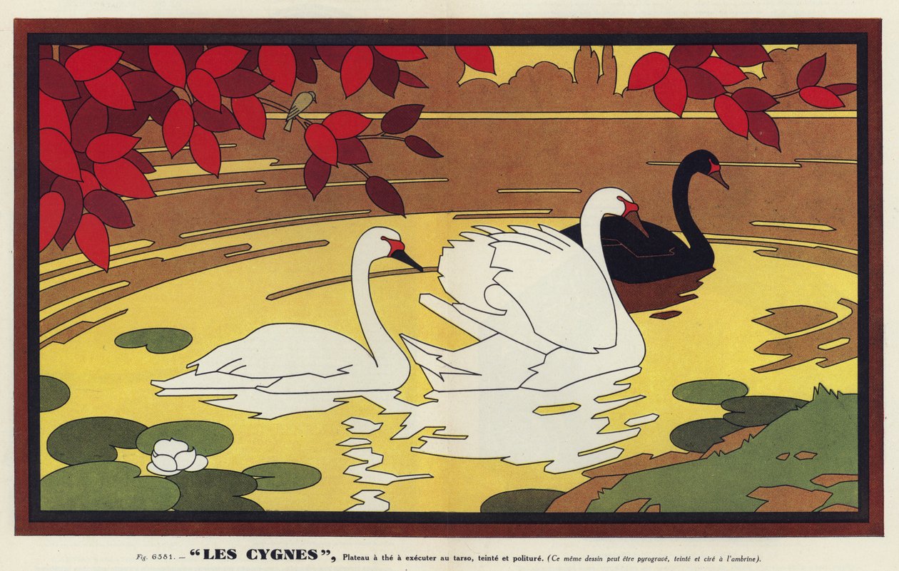 Les Cygnes, Cigni (litografia a colori) da French School