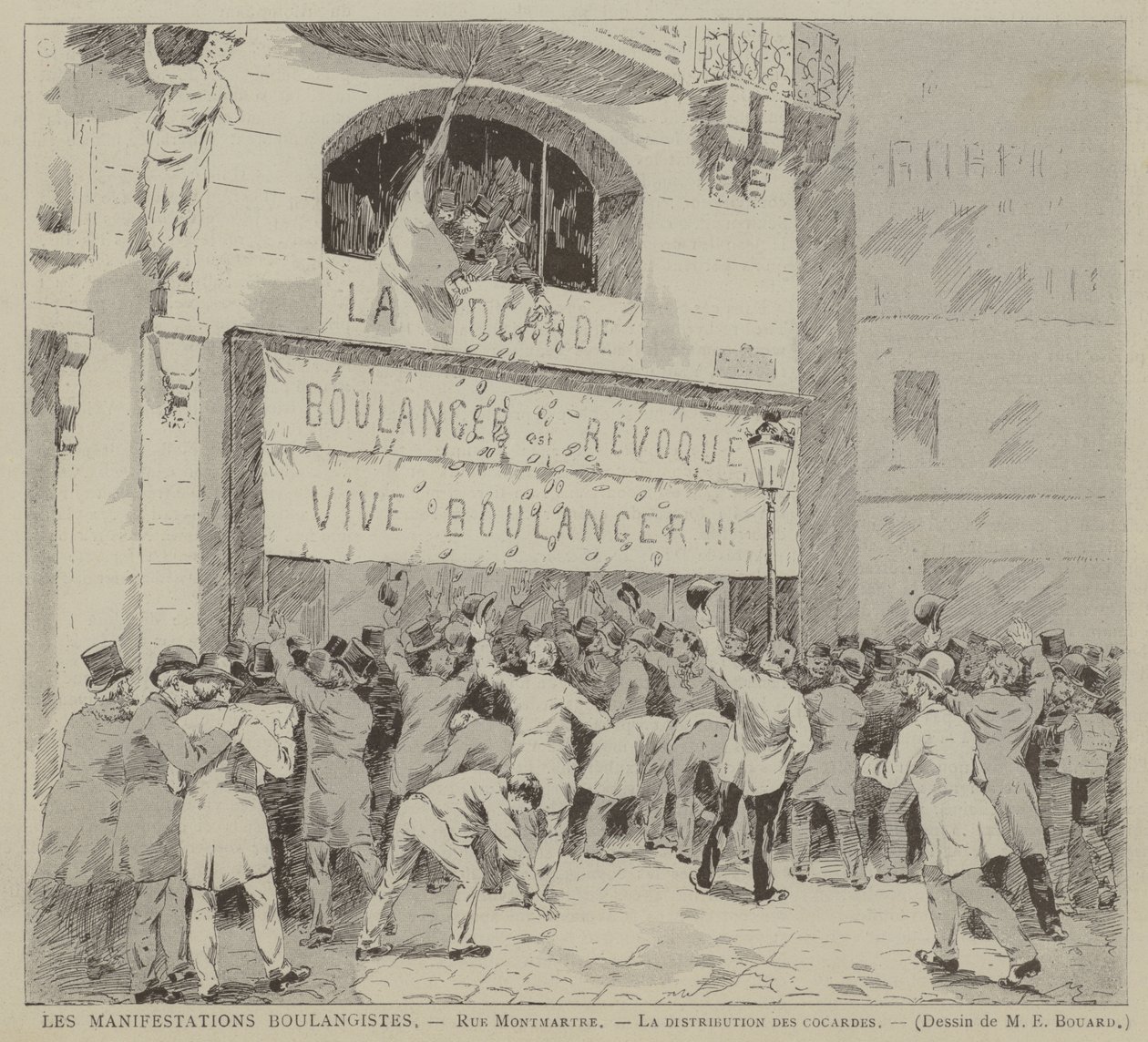 Manifestazioni boulangiste, Rue Montmartre, La distribuzione delle cocardes (incisione) da French School