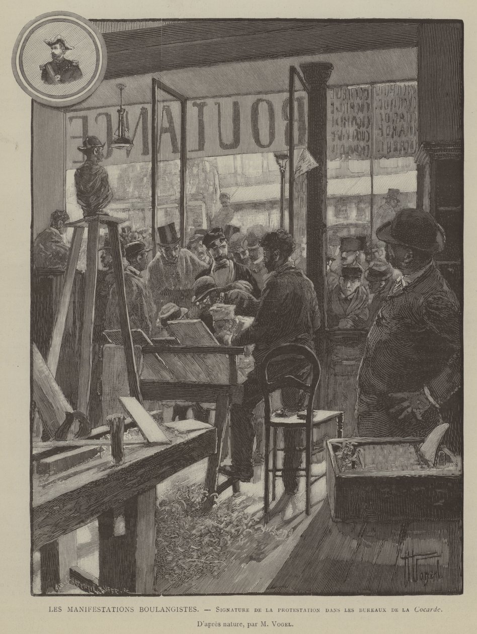 Les Manifestations Boulangistes, Firma della protesta negli uffici della Cocarde (incisione) da French School