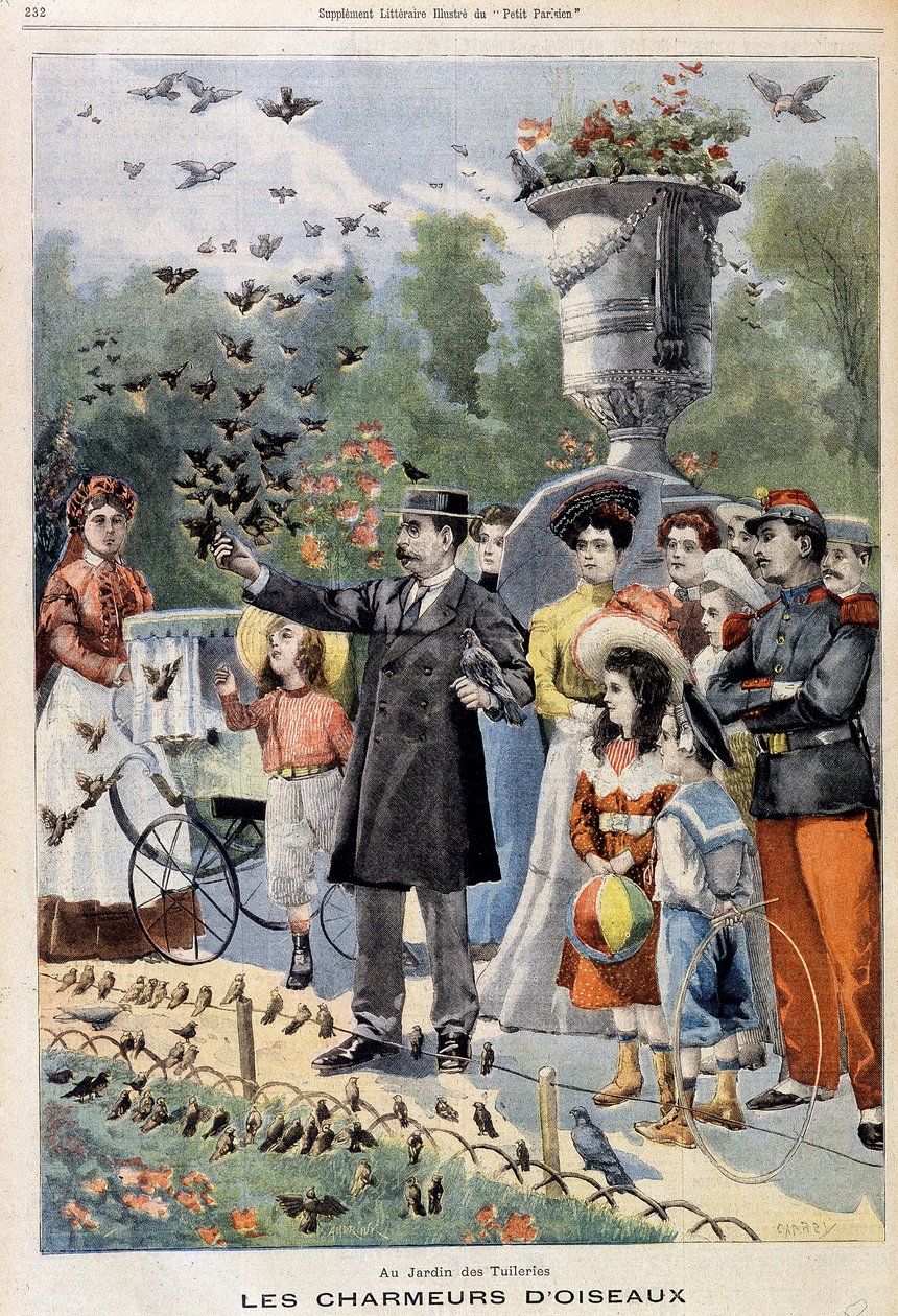 Gli incantatori di uccelli al Jardin des Tuileries - in "Le Petit Parisien" del 21/07/1901 (incisione) da French School