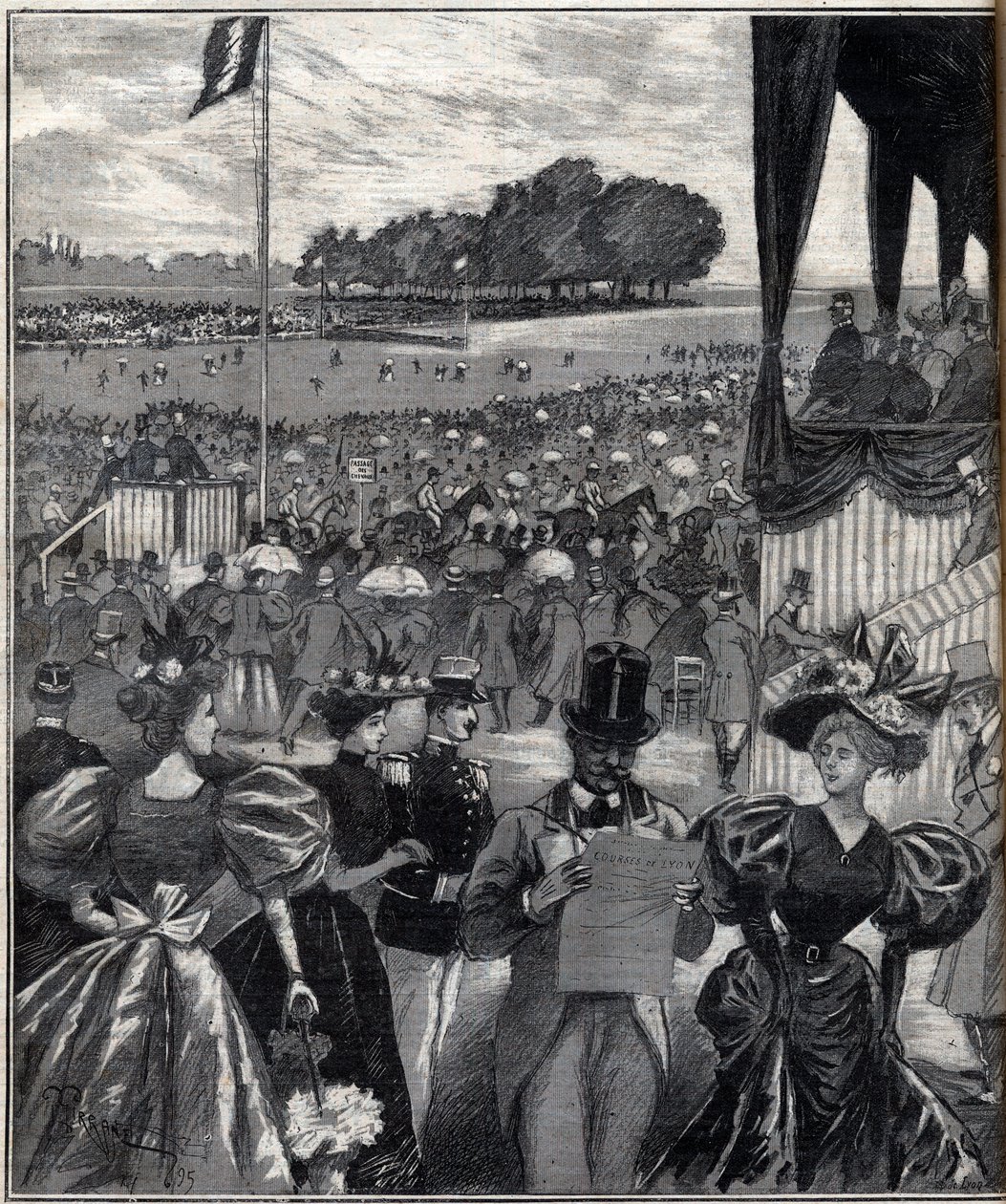 Le corse di Lione - dopo il gran premio - incisione in "Le Progres illustré" del 1895 da French School