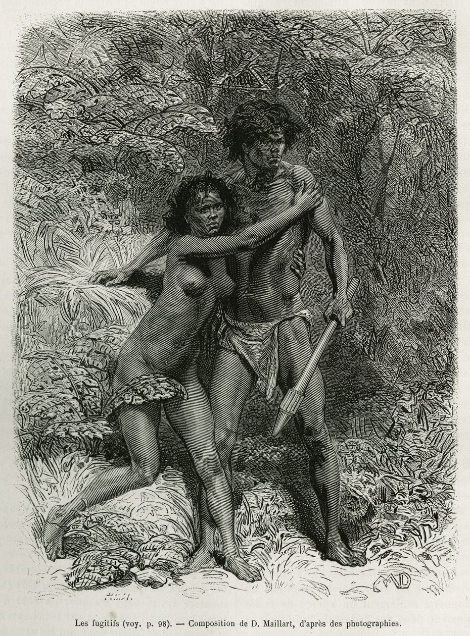 Le fuggitive aborigene, incisione da un disegno di D. Maillart, per illustrare la storia sei mesi in Australia, di Désiré Charnay, una missione assegnata dal Ministero dell