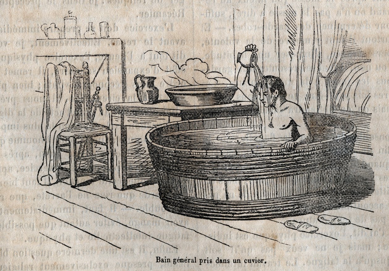 I gesti del bagno - Igiene nel XIX secolo - bagno in una ciotola - incisione in "La Sante Universelle - Guida Medica delle Famiglie" 1852 da French School