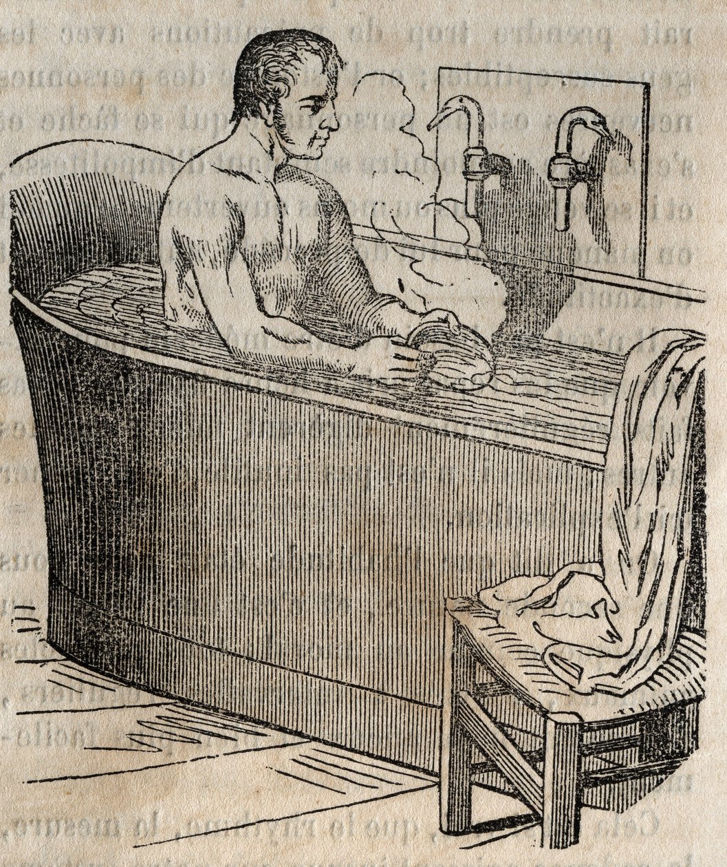 I gesti del bagno - Igiene nel XIX secolo - uomo in una vasca da bagno - incisione in "La Sante Universelle - Guide Medical des Familles" 1852 da French School