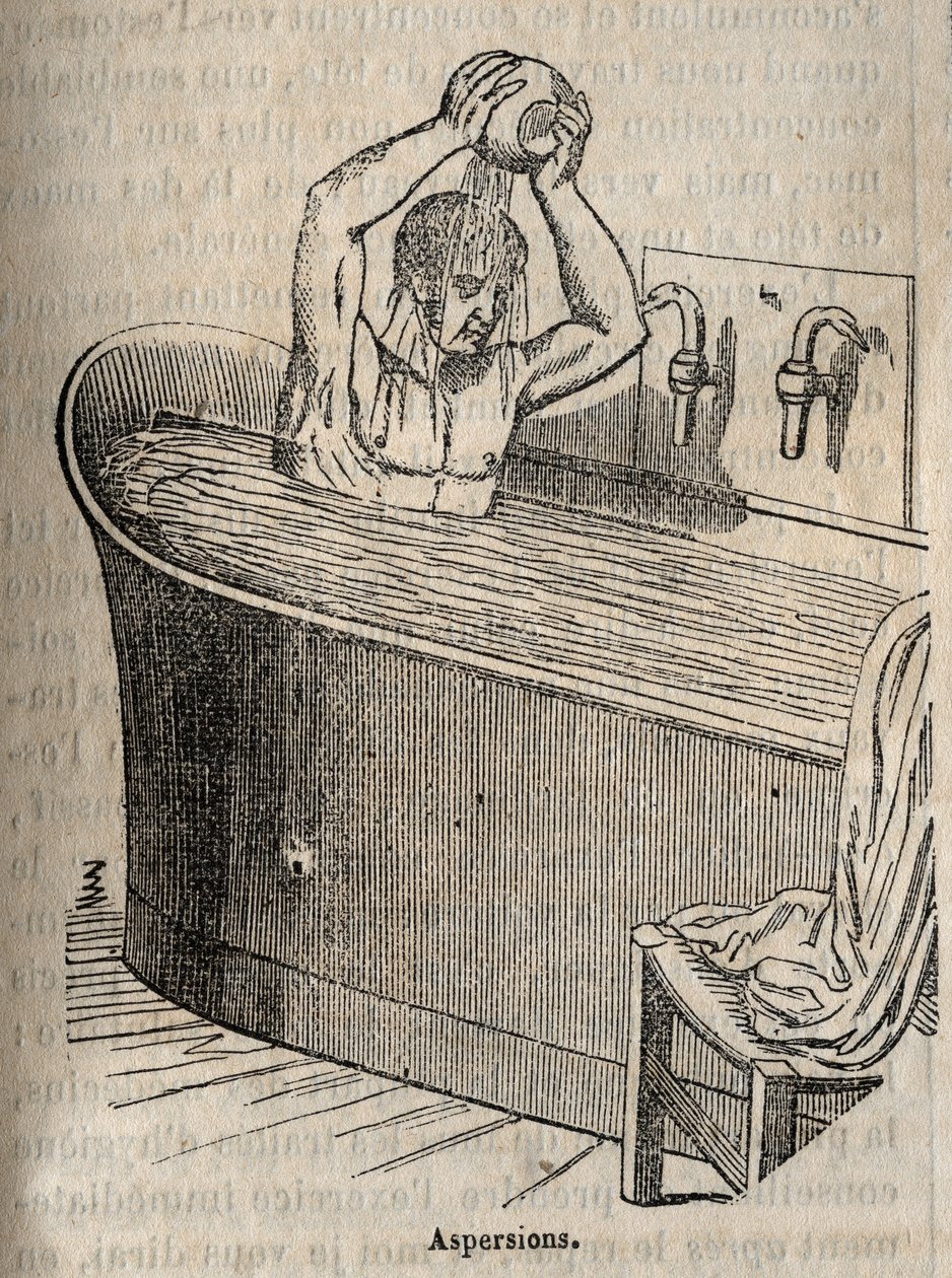 I gesti del bagno - Igiene nel XIX secolo - uomo in una vasca da bagno - incisione in 