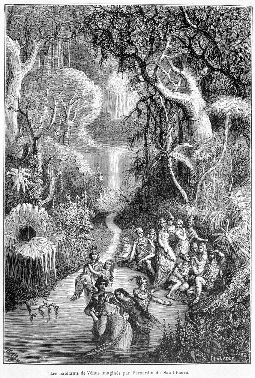 Gli abitanti di Venere immaginati da Henri Bernardin de Saint Pierre (Saint-Pierre o St-Pierre), scrittore francese (1737-1814) - in "Le terre del cielo" di Camille Flammarion, ed. Marpon & Flammarion, Parigi da French School