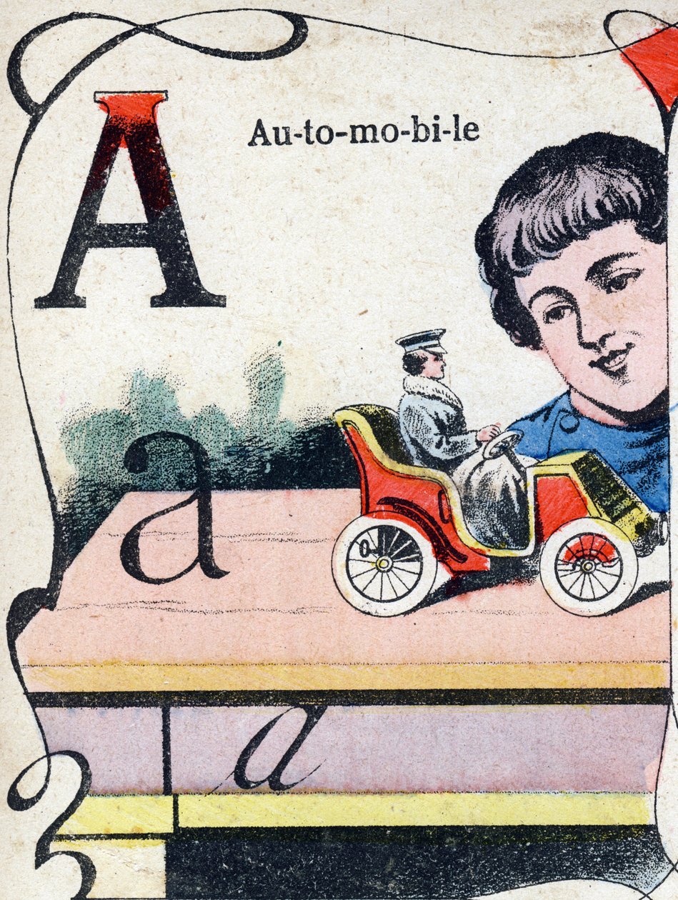Lettera A Automobile. Incisione in "ABC des joux pour petits boys". Immagine di Pont-a-Mousson, Louis Vagne, stampatore-editore, fine XIX secolo. Dim: 32,5x25 cm da French School