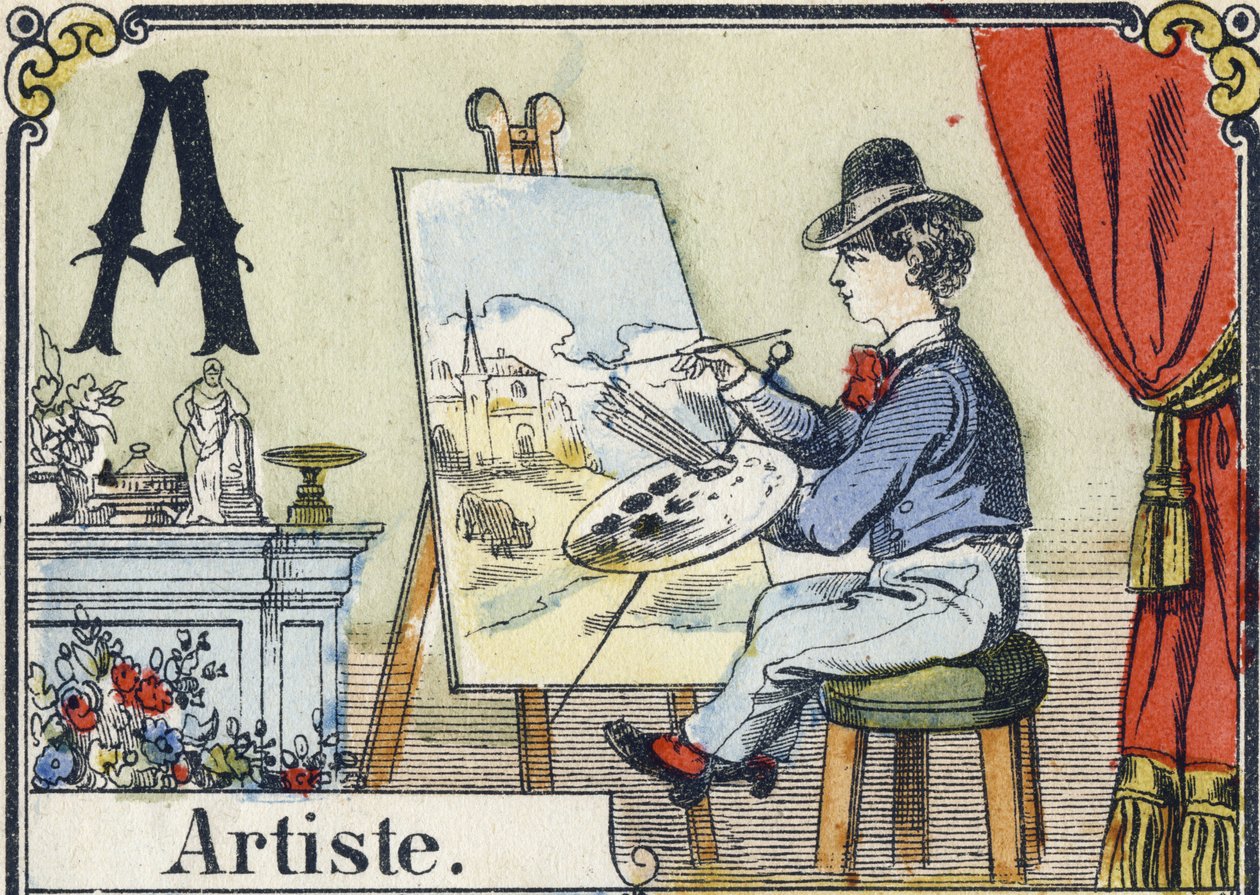 Lettera A: artista. Alfabeto ricreativo. Immagine di Epinal. Incisioni su legno stencil, circa 1880. Piccolo libretto di 16 pagine (205 x 150 mm). Collezione privata da French School