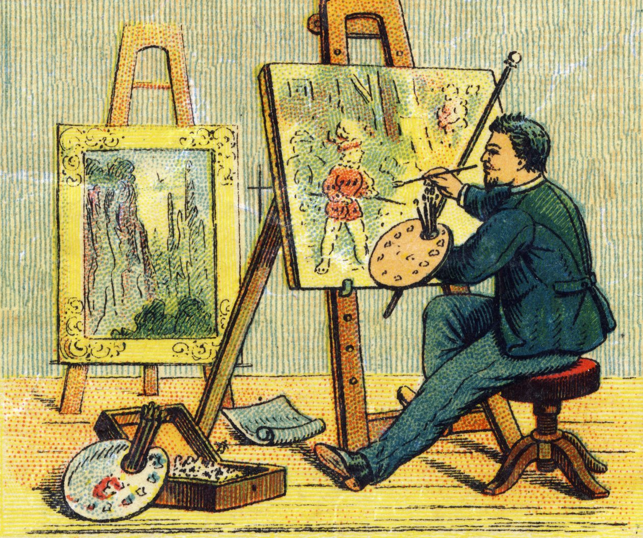 Lettera A: pittore nel suo studio. Incisione in "ABC indechirable su tela verniciata". A. Capendu, editore, Parigi, fine XIX secolo. Libreria per bambini illustrata. 8 pagine. Dim: 21,5x18cm da French School